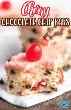 two pieces of cherry chocolate chip bars on top of a napkin with the title overlay