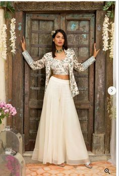 Jacket With Plazo Suit, Plazo Crop Top With Jacket, Plazo With Jacket, Indo Fusion Outfits Women, Fusion Wear Indian Western, Indian Western Fusion Fashion, Western Work Wear For Women, Indian Fusion Wear, Indowestern Outfits