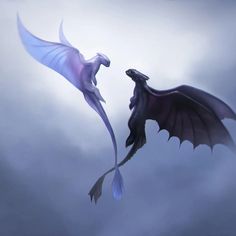 two dragon like creatures are facing each other on a cloudy day with the sky in the background