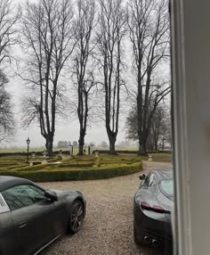 two sports cars parked in front of some trees