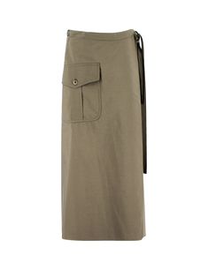 Cotton wrap around skirt, featuring flap pocket with button, side button fastening and tie belt, regular fit. Composition: 100% CO Asymmetrical Skirt With Pockets For Work, Workwear Asymmetrical Skirt With Side Pockets, Asymmetrical Workwear Skirt With Side Pockets, Asymmetrical Work Skirt With Side Pockets, Khaki Cargo Skirt With Side Pockets For Work, Utility Cargo Skirt With Belt Loops For Work, Relaxed Tie Waist Skirt For Workwear, Relaxed Skirt With Tie Waist For Work, Workwear Cargo Skirt With Pockets