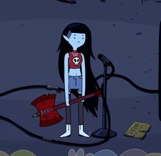 a cartoon character standing in front of a microphone with an electric guitar next to it