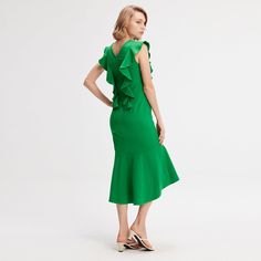 A comfortable and feminine dress, raised with ruffles along the bust and back. Near the body line with V neckline and flared skirt volume of a wide ruffle. To wear during the day and in the evening for a glamorous and delicate look. Main fabric: 62% Viscose, 33% Nylon, 5% Elastane Machine wash gentle cycle (30 degrees max) Versatile Outfits, Feminine Dress, Flared Skirt, French Design, Independent Designers Fashion, Jersey Dress, Flare Skirt, Price Match, Badger