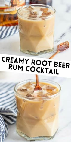 two images showing how to make creamy root beer rum cocktails with ice and caramel