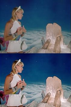 two pictures of a woman in white dress standing next to an ice sculpture and looking at her cell phone