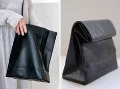 two pictures one with a black bag and the other with a grey sweater holding it