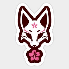 a sticker with an image of a fox on it's face and flowers in its mouth