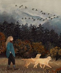 a painting of a woman walking her dog in the woods with birds flying overhead above