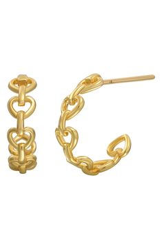 Part of our online trunk show, this style is available for a limited time through August 4.Handcrafted in chains of hearts, these distinctive hoop earrings bring the luster of 14-karat gold to any favorite look. 1/8" width   Post back   14k gold   Made in Italy Gold Hoop Earrings With Cable Chain For Gift, Elegant Yellow Gold Hoop Earrings With Cable Chain, Chain Of Hearts, Chain Hoop Earrings, Bony Levy, Heart Chain, Gold Heart, Heart Of Gold, Trunk