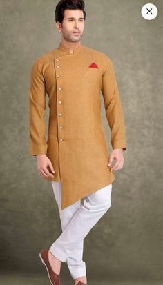 Beige Fitted Traditional Wear With Long Sleeves, Brown Fitted Long Sleeve Kurta, Transitional Season Festive Beige Kurta, Beige Kurta With Traditional Drape For Festivals, Fitted Cotton Kurta With Traditional Drape, Festive Cotton Kurta For Wedding, Beige Long Sleeve Traditional Wear For Diwali, Beige Long-sleeve Traditional Wear For Diwali, Fitted Beige Traditional Wear For Festivals