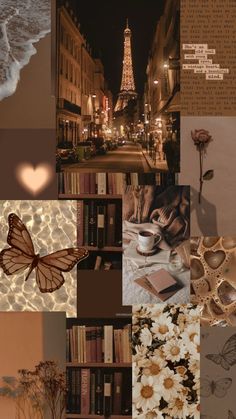 the collage is filled with many different things to see in this photo, including books and flowers