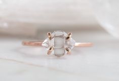 Herkimer Diamond Ring on model Herkimer Diamond Ring Engagement, Alexis Russell, Herkimer Diamond Jewelry, Custom Diamond Rings, Handcrafted Engagement Ring, Herkimer Diamond Ring, Crystal Formations, Handmade Fine Jewelry, Rose Gold Diamond Ring