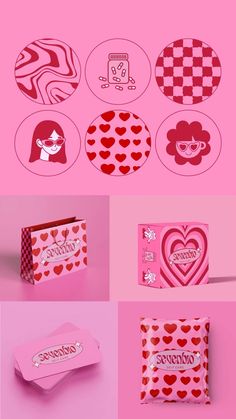 pink and red packaging design with hearts on the front, two envelopes in the back and