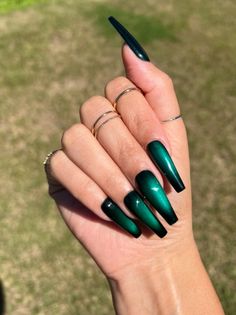 Tinted Cat Eye Polish Green Velvet Glossy Matte Handmade Press on Nails - Etsy Emerald Green Nails New Years, Green Nails Acrylic Fall, 2023 Matte Nails, Black And Dark Green Nails Acrylic, Small Coffin Shape Nails, Green Acyrilics Nails Design, Black Green Cat Eye Nails, Dark Green Gradient Nails, Green Gold Chrome Nails