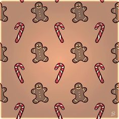 a brown background with many candy canes and gingerbread men on it's sides