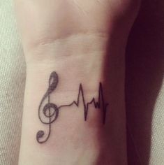 a small wrist tattoo with musical notes and a treble on the side of it