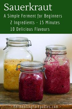 three jars filled with different types of food