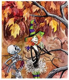 a watercolor painting of a woman dressed as a witch with a skeleton in the background