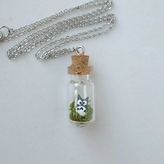 a small glass bottle with an owl in it on a silver chain hanging from a necklace