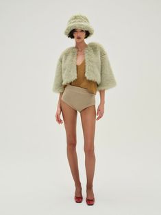 Amina Fur Jacket — Green | For Love & Lemons Chic Cropped Jacket With Faux Fur Trim, Spring Faux Fur Coat With Faux Fur Trim, Trendy Faux Fur Coat For Spring, Trendy Spring Faux Fur Coat, Chic Cropped Jacket With Faux Fur Trim For Fall, Spring Faux Fur Outerwear In Mink Color, Chic Cropped Winter Jacket, Fitted Green Cropped Winter Jacket, Fitted Green Cropped Jacket For Winter