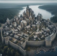 an aerial view of a castle in the middle of water