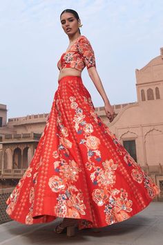 Red bemberg silk lehenga with floral digital printed motifs and sequins embroidery. Comes with a zari embroidered blouse. - Aza Fashions Elegant Choli With Printed Motifs For Festive Season, Elegant Choli With Printed Motifs For Festive Occasions, Elegant Festive Choli With Printed Motifs, Traditional Festive Lehenga With Printed Motifs, Silk Lehenga With Printed Motifs And Traditional Drape, Silk Lehenga With Printed Motifs In Traditional Drape, Festive Silk Lehenga With Printed Motifs, Silk Lehenga With Printed Motifs For Festive Occasions, Elegant Navratri Choli With Printed Motifs