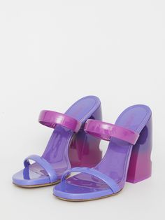 Sandals in dégradé patent leather in the shades of fuchsia and purple. They feature round and open toe, straps, embossed Off-White logo on the insole and block heel with Meteor cut-out. Heel height: 12cm ITA size.  Size nationality: ITA  Product number: 5746523  Product code: OWIJ029S23LEA0023235  Composition: 100% leather Off-white Logo, Platform Wedge Heels, White Sandals, Bag Straps, Womens Backpack, Shoe Collection, Everyday Look, Designer Shoes, Patent Leather