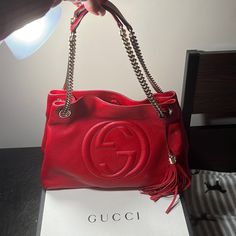 Brand New Gucci Gg Logo Chain Shoulder Bag , Red Leather Not Original Tags , Comes With Dust Bag And The Box Red Gucci Bag With Chain Strap, Bags Gucci, Gg Logo, Gucci Bags, Chain Shoulder Bag, Dream Wardrobe, Womens Tote Bags, The Box, Soho