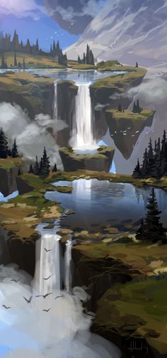 a digital painting of a waterfall in the mountains