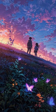 two people standing on top of a lush green hillside under a purple sky with butterflies