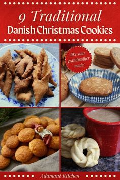 the cover of 9 traditional danish christmas cookies, with pictures of different types of cookies