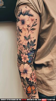 a person with a butterfly and flowers tattoo on their arm