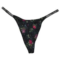 New V-String Pantie Underwear. Black Satin Material In A Floral Print With Sparkle And Bling On The Waist Band. Victoria's Secret String Bottoms For Night Out, Stretch String Bottoms For Night Out, Pink Garter, Lace Thong, Satin Material, Cheeky Bikinis, Floral Applique, Waist Band, Black Satin