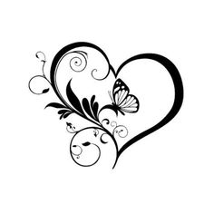 a black and white heart with butterflies on it