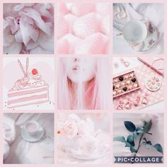 a collage of pictures with pink and white flowers, cake, cupcakes, teacup, saucer