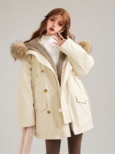 The price is for a coat only, others are not included. Dress / Top Details:Drawstring Hood / Front Button Placket / Zip ClosureElastic Index:InelasticSoft Index:FitThickness Index:ThickVersion:LooseGarment Size SizeSMLFull Length757677Bust128132136Hem Circumference126130134Sleeve Length70.57273.5 Apricot Color, Fur Hoodie, Hooded Parka, Warm Jacket, Dress Top, Kawaii Fashion, Casual Jacket, Alternative Fashion, Button Placket