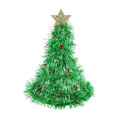 a green tinsel christmas tree with gold star on top and red ornaments around the base