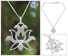 Spread Happiness! Sterling Silver Flower Pendant Jewelry With Gemstone, Silver Flower-shaped Jewelry With Intricate Design, Luxury Filigree Flower Pendant Jewelry, Lotus Flower Jewelry Sterling Silver, Sterling Silver Jewelry With Lotus Flower Shape, Laser Cut Wood Earrings, Blue Topaz Necklace, Brown Jewelry, Jewelry Making Necklace