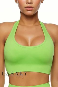 Lasaky - High-Quality Athletic Set: Womens Seamless Yoga Leggings with Butt Lift, Sports Bra, and Halter Top Seamless Athleisure Activewear Without Elasticity, Green High Stretch Seamless Sports Bra, High Stretch Green Seamless Sports Bra, Green Stretch Seamless Sports Bra, Green Seamless High Stretch Sports Bra, Green Seamless Stretch Sports Bra, Green Seamless Sports Bra For Light Sports, Green Stretch Sports Bra For Yoga, Green Seamless Sports Bra For Training