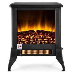 an electric fireplace with flames on the front and side panels, in black finish frame