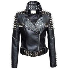 Handmade Women Black Punk Silver Spiked Studded Leather Biker Jacket Plus Size Leather Jacket, Motorcycle Jacket Women, Biker Coat, Studded Leather Jacket, Black Punks, Studded Jacket, Slim Fit Jackets, Rock Punk, Biker Leather