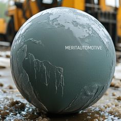 a large green ball sitting on top of a muddy ground next to a yellow bulldozer