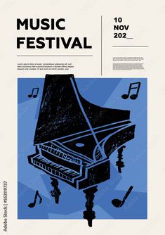 a poster for the music festival with a piano and musical notes in blue, black and white