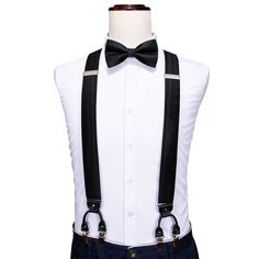 Black Solid Y Back Adjustable Bow Tie Suspenders Set Mens Braces, Back Brace, Bowtie And Suspenders, Suspenders Men, Suspenders Set, Smart Casual Style, Bow Tie Set, Red Tie, Cufflink Set