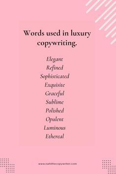 the words used in luxury copywriters are displayed on a pink background with white lines