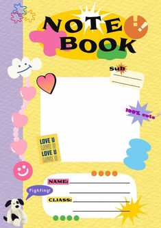 an image of a note book with lots of stickers on the cover and writing