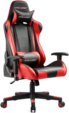 a red and black office chair with wheels