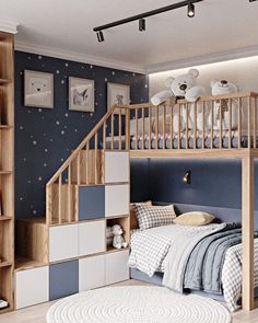 a bedroom with a bunk bed, bookshelf and stairs