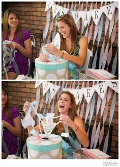 two pictures of a woman sitting at a table with a cake in front of her