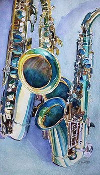 a painting of a saxophone with its mouth open and other musical instruments in the foreground